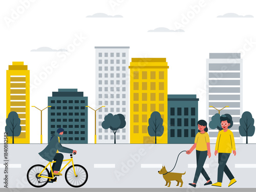 City view of someone riding a bicycle, two people walking on the sidewalk taking their dog for a walk. Modern urban life vector illustration. Flat illustration concept.