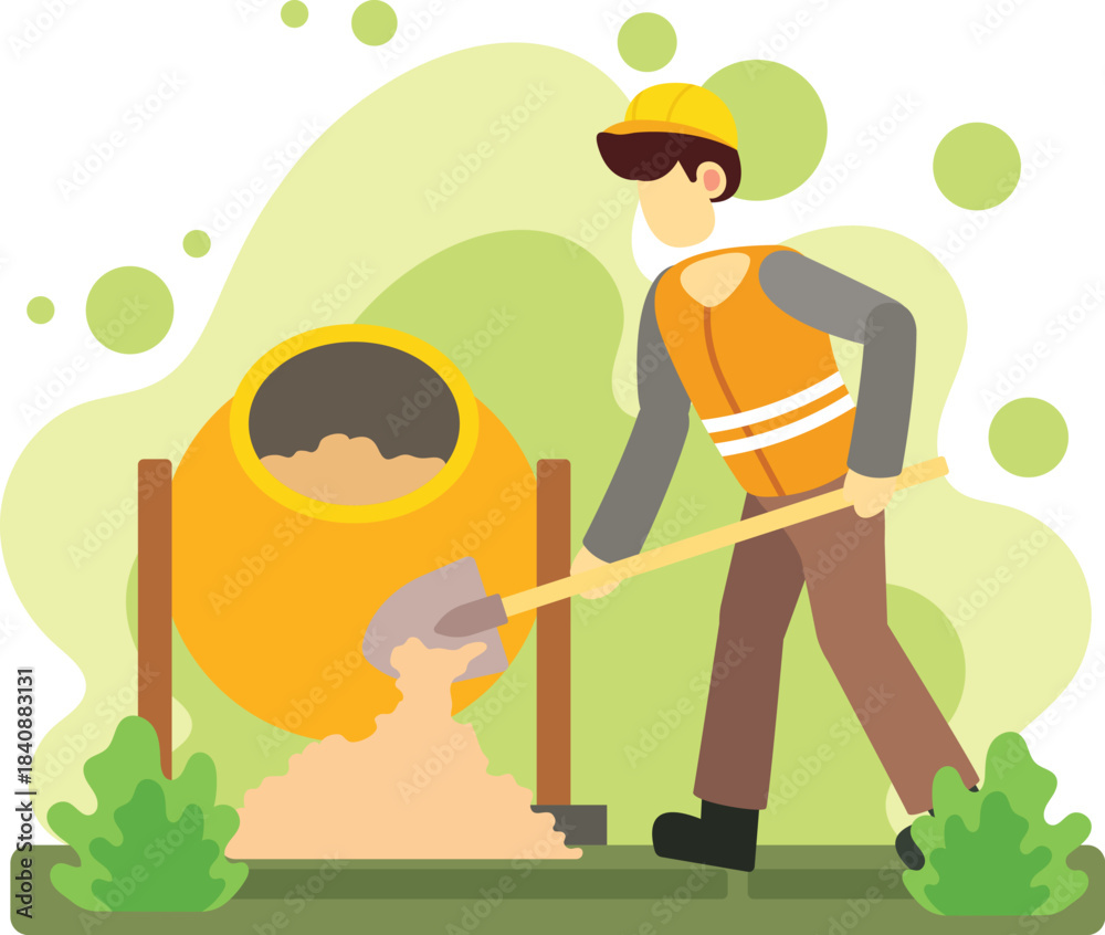 Fototapeta premium Construction worker mixing concrete with shovel illustration