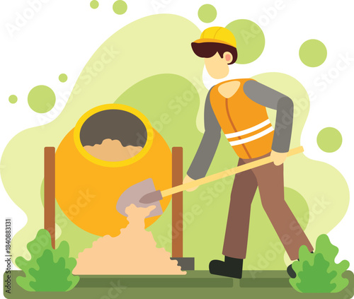 Construction worker mixing concrete with shovel illustration