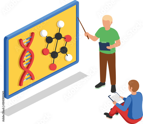 Isometric science classroom illustration with teacher explaining DNA structure and molecular model to student during educational lesson