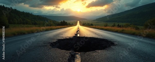 Large pothole opens in asphalt road stretching towards scenic hills at sunset. Dangerous pitfall lies ahead on country highway, demanding caution for drivers and road maintenance crews.