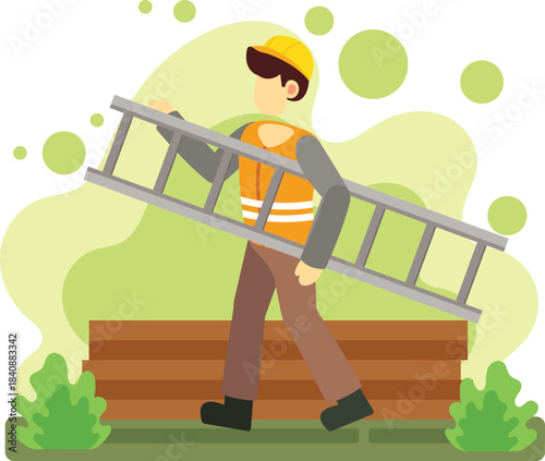 Construction worker carrying ladder at worksite illustration