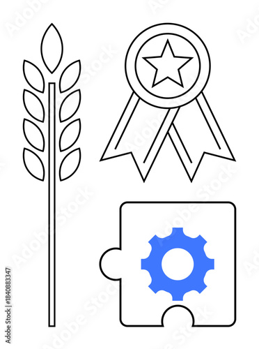 Agriculture, innovation, teamwork, productivity, recognition, award. Wheat ear, medal and puzzle piece with gear icon. Agriculture and innovation ideas symbols of industry and success