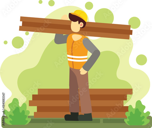 Construction worker carrying lumber in outdoor workspace illustration