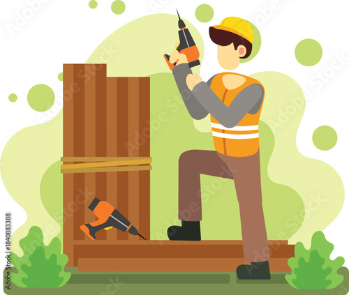 Construction worker using drill on wooden boards illustration