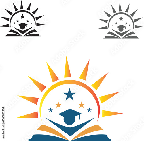 Education Sunrise icon With Open Book, Graduation Cap, And Stars For Learning