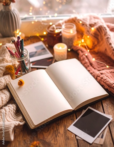 setup with open notebook, colorful pens, 