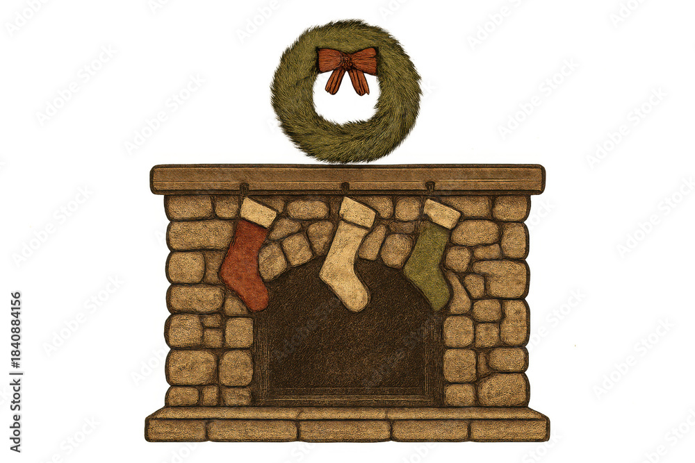 Obraz premium Christmas stone fireplace with hung stockings and decorative wreath, celebrating winter holidays and cozy home decor