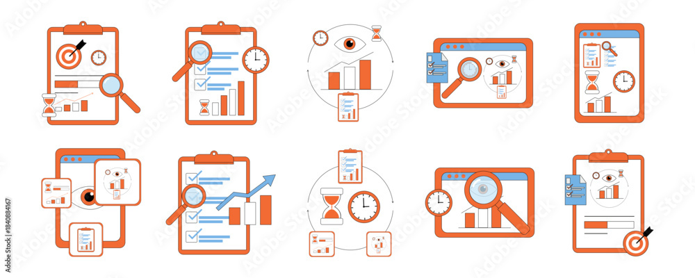 Obraz premium Business analysis, time management, and project planning vector icons. Flat line illustrations for strategy, data, goals, and workflow optimization.