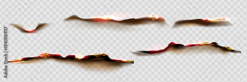 Fire on burnt paper edges. Frames with burn effect with yellow flame, black ash and scorched edges of pages or parchment sheets isolated on transparent background,