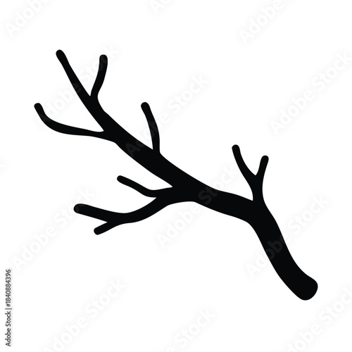 A dark silhouette of a bare tree branch against a white background.