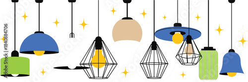 Modern hanging lamp vector set featuring various pendant light designs with glowing bulbs and decorative interior lighting elements