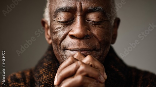 portrait of an elderly Black man with eyes closed and hands folded, expression of calm faith and resilience, warm side light, clean neutral background