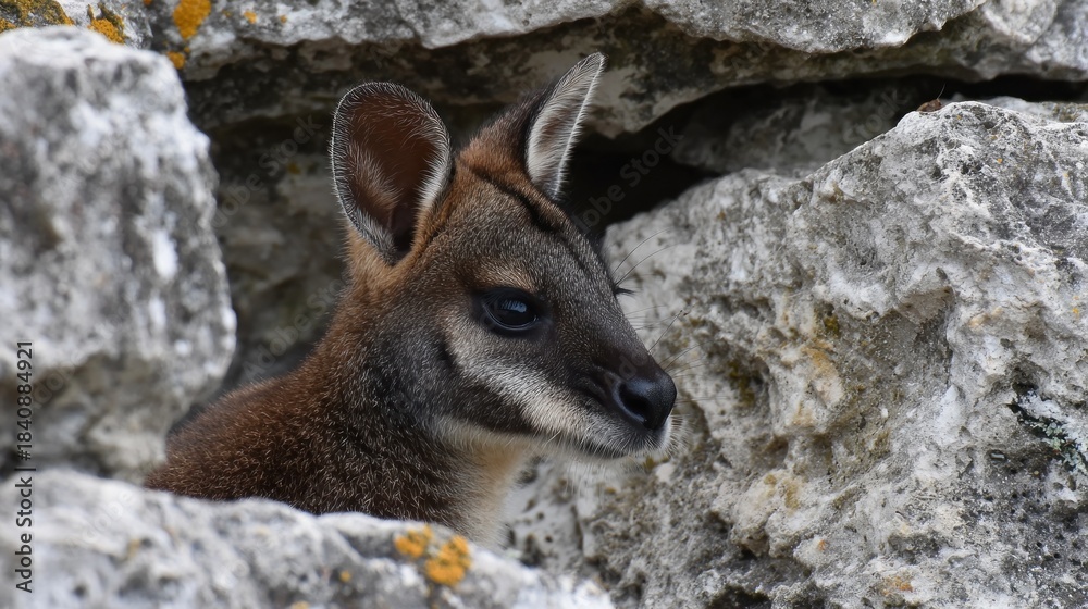 Naklejka premium Young wallaby in rock crevice