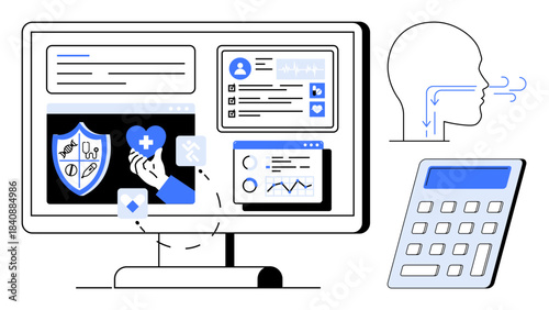 Digital transformation, healthcare tools, medical data, health monitoring, online diagnosis, data visualization. A computer screen with health apps, calculator and breathing concept. Digital