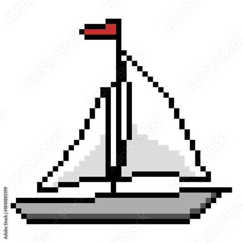 Pixel sail boat vector for retro travel games and 8-bit nautical themes. Symbolizes adventure, water transport, and simple pixelated marine travel. Ideal for app maps.