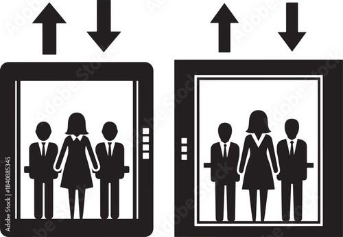 Two elevators with people inside silhouette