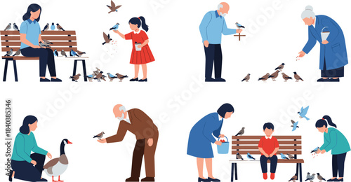 People feeding birds vector set featuring adults, children, and seniors interacting with pigeons and ducks in park scenes