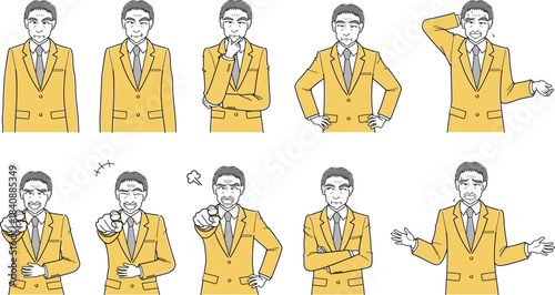 スーツの中年男性・上半身・ポーズ差分・表情差分・10種セット（シンプル）