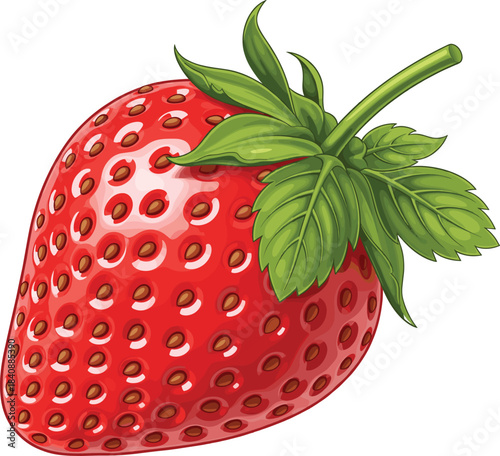Realistic fresh strawberry vector illustration with detailed seeds, glossy texture, green leaves, and natural shading on white background