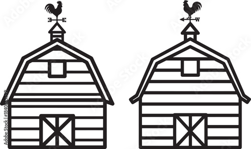 Two identical barn silhouettes with weather vanes silhouette