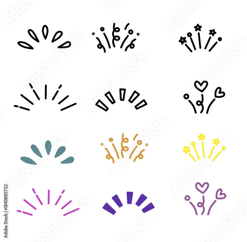 Colorful decorative burst icons with simple clean shapes for celebration, highlight accents, joyful details, cute embellishments, creative designs, and graphic decoration elements