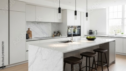Modern Kitchen Island with White Marble Countertop and Stools