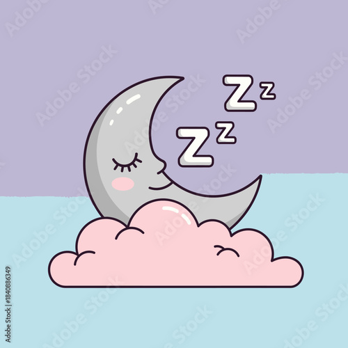 A peaceful cartoon crescent moon with closed eyes rests gently on a soft pink cloud, symbolizing serene nighttime slumber and sweet dreams.