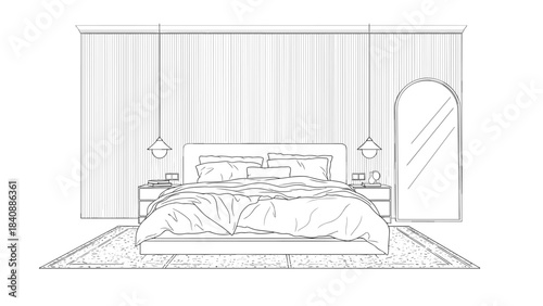 Minimalist Bedroom Interior Vector: Platform Bed and Decor Front View Line Art