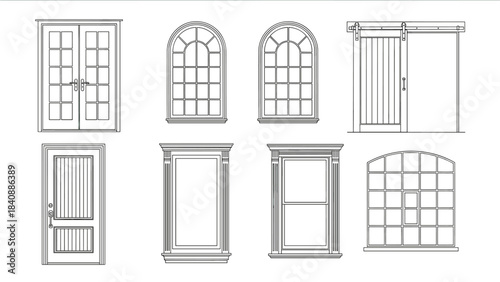 Architectural Door and Window Elevations: Vector CAD Blocks and Outline Elements