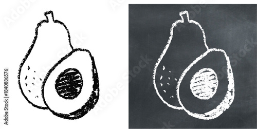 Chalk handdrawn avocado vector for healthy food menus and organic market signs. Symbolizes superfood, healthy fats, and rustic, fresh produce. Ideal for vegetarian menus.