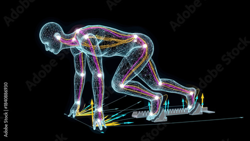 Sprinter Biomechanics Wireframe Analysis, Low Poly Athlete with Force Vector Overlays - Tokyo 2025 World Athletics Concept