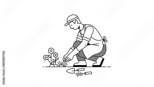Gardener Crouching and Weeding Flower Bed Minimalist Vector Illustration Side View