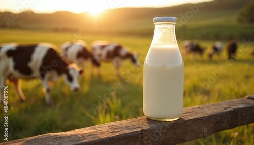 Glass bottle full of fresh milk rests on weathered wood fence. Cows graze peacefully on lush green pasture under warm golden hour sun rays. Rural farm scene.
