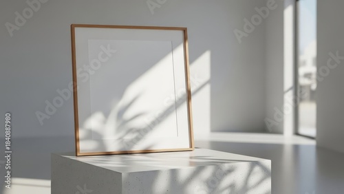 Minimalist Wooden Frame Mockup with Plant Shadows in a Bright Modern Interior