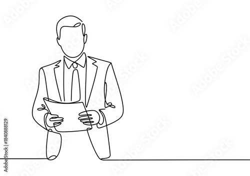 A simple line drawing of a businessman holding a clipboard and standing behind a line