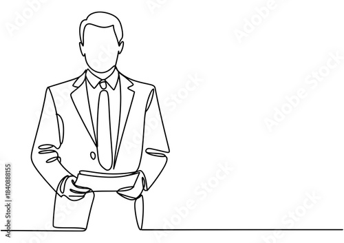 A minimalist line drawing of a businessman standing and holding a clipboard in a simple style