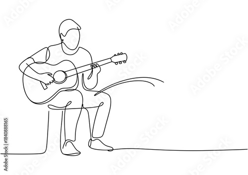 Continuous line drawing of a man sitting on a stool playing an acoustic guitar
