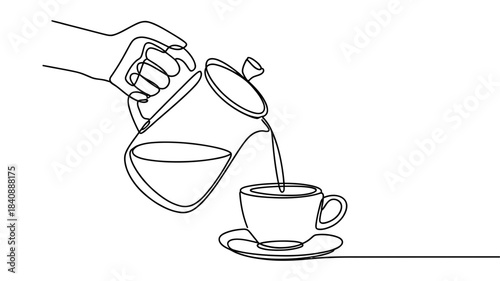 A hand pouring tea from a teapot into a cup on a saucer, simple line drawing