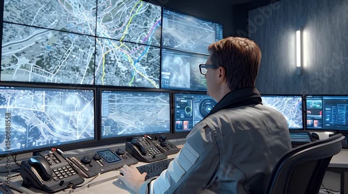 Man watches multiple screens displaying maps and data