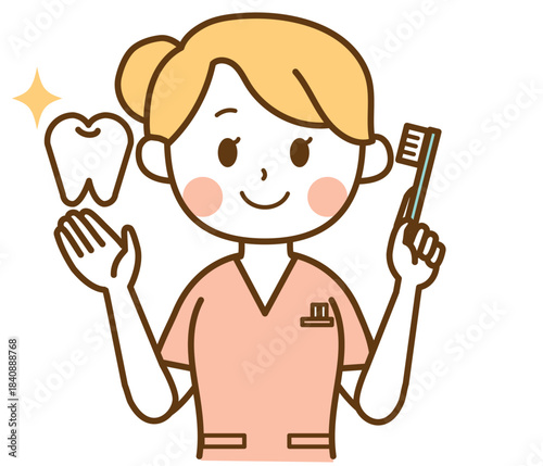 笑顔で歯と歯ブラシを持つ歯科衛生士の女性イラスト｜歯,歯科衛生士,歯ブラシ,女性,笑顔,健康,デンタルケア