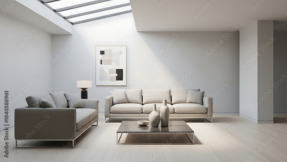 Fototapeta premium Modern Living Room with Skylight and Minimalist Furniture.
