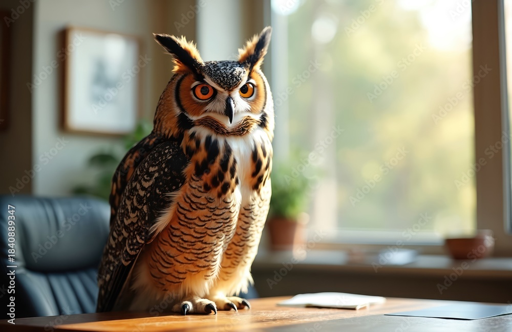 Obraz premium Great horned owl sits on wooden office desk. Bird with bright orange eyes stares intently. Soft light from window illuminates workplace. Indoor scene with blurry background.