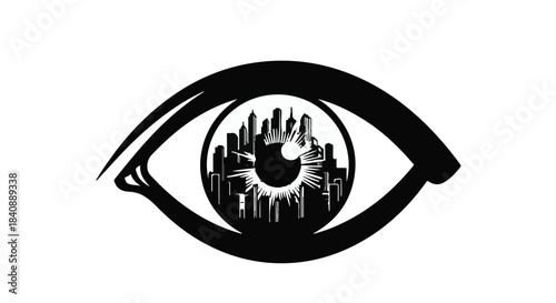 Human eye silhouette reflects a detailed cityscape within the iris and pupil area.