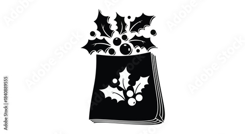 Holly berries and leaves emerge from the top opening of a dark shopping bag illustration.