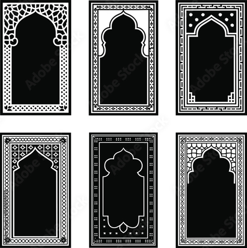 Collection of six ornate islamic prayer rug designs in black and white