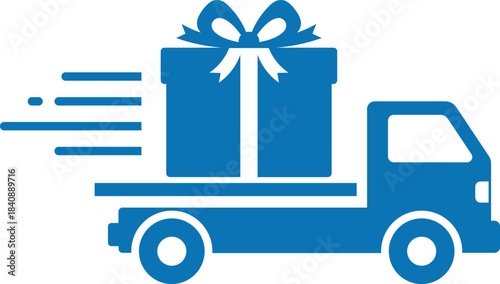 Blue delivery truck carrying a large gift box with a bow present shipping