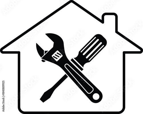 Black house outline with crossed wrench and screwdriver inside home repair