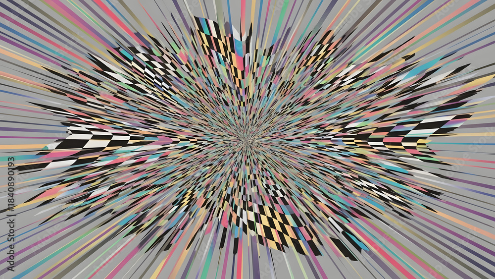 Naklejka premium Radiating abstract explosion of tiny colorful squares forming a bright central burst, symbolizing creative brainstorming, innovation, ideas and imaginative thinking