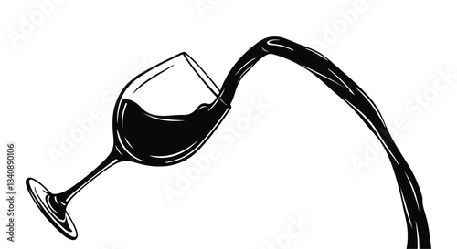 Dark liquid pours dramatically from a tilted wine glass in a sweeping arc against a white background.